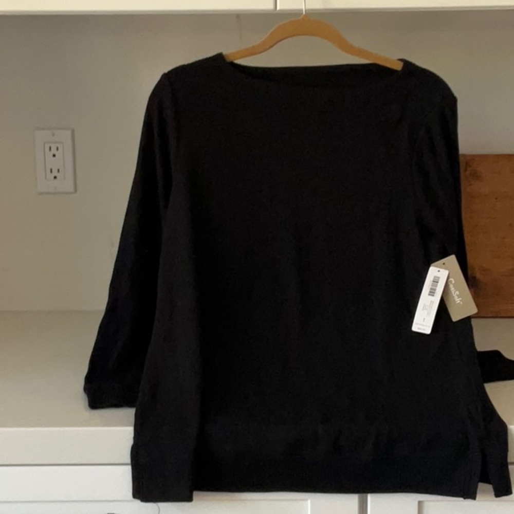NWT CHICOS WEEKENDS COZISOFT RIB MIX BOAT TUNIC TOP BLACK SIZE 1